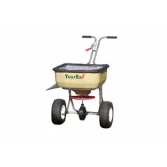 This TURFEX spreader is designed for applying salt, ice melt, fertilizer, or seed on lawns, landscapes, and agricultural fields. It features a steel frame and polyethylene hopper with a 120 lb capacity, and a Nylatron® gear drive for corrosion resistance. The maximum spread width is 12 ft, suitable for medium to large areas.