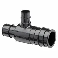 This ZURN expansion polymer barbed tee fitting has a 2 in ID and 1-1/2 in ID, with barbed x barbed x barbed connections. It is designed for use with PEX tubing in plumbing and hydronic heating systems, providing a secure joint via the expansion method