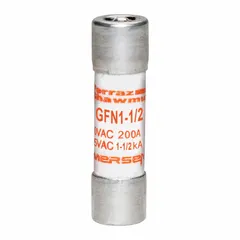 MERSEN GFN Series time-delay midget fuse rated 1.5 A at 250 V AC. Dimensions 13/32 in x 1 1/2 in with indicating feature. Provides overcurrent protection for motor circuits, transformers, and other inductive loads subject to temporary inrush currents.