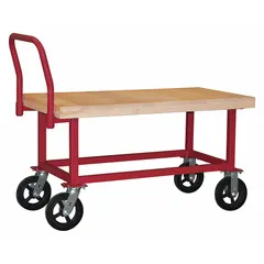 This work-height platform truck features a 48 in L x 24 in W x 25 5/8 in H wooden deck with two swivel casters (8 in diameter). Designed for moving heavy loads up to 1800 lb in industrial facilities, warehouses, and manufacturing plants. The elevated deck reduces bending during loading and unloading, suitable for assembly lines, shipping docks, and maintenance areas.