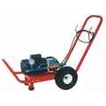 This cart-style electric hydrostatic test pump is mounted on a two-wheeled cart with pneumatic tires for portability. It operates on single-phase 115/220V AC power with a 1 1/2 hp motor and delivers a maximum flow of 2.2 gpm. Used for pressure testing piping systems, valves, and vessels to verify integrity and detect leaks.