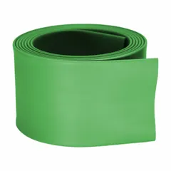 Green heat shrink tubing with 1 in inner diameter before shrinking and 0.5 in after shrinking, supplied in a 4 ft length. Used for insulating and protecting electrical wires and cables, providing a tight cover when heated.