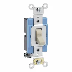 Single-pole toggle wall switch with maintained (stay-put) action. Rated 15A at 120/277V AC. Non-illuminated ivory finish. For controlling lighting or other loads from one location in residential, commercial, or industrial buildings.