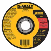 Type 1 cut-off wheel for carbon and stainless steel. Aluminum oxide construction with 60 grit. Measures 5" diameter, 0.04" thickness, 7/8" arbor hole. Suitable for cutting metal stock, tubing, and sheet metal in fabrication and repair work