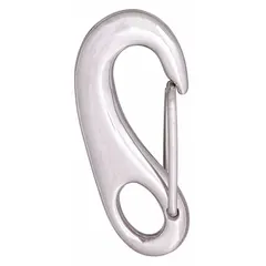 This load rated forged spring snap features a stainless steel wire gate and a 165 lb working load limit. It is designed for non-lifting applications such as securing lines, tying down equipment, or attaching hardware in marine or outdoor environments.