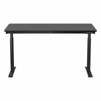 This electric adjustable-height desk features a wood laminate top and a black steel frame, with a 60-inch width and 30-inch depth. It is designed for sit-stand use, allowing users to alternate between sitting and standing positions. Suitable for office or home workstations where adjustable height promotes ergonomic comfort