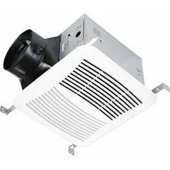 Standard bathroom exhaust fan for ceiling mounting. Operates at a single speed with 115V AC power. Includes a backdraft damper. Suitable for removing moisture and odors in residential bathrooms.