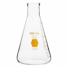 Conical flask made from colorless Type I borosilicate glass, with a 500 mL capacity. Compatible with stopper size 7. Used for mixing, heating, and storing liquids in laboratory settings.