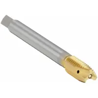 This coolant-through spiral-point tap is designed for through-hole threading in metals. It features a TiN coating on vanadium high-speed steel, 6H tolerance, plug chamfer, and 3 flutes. The spiral point pushes chips forward to prevent clogging, while coolant-through capability aids in chip evacuation and heat reduction
