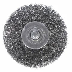 Crimped steel wire brush for light cleaning of carbon steel surfaces. Removes rust, scale, and light burrs without damaging base material. Suitable for maintenance, fabrication, and metalworking applications. 2" diameter, 3/4" width, 1/4" shank, 0.012" fill.