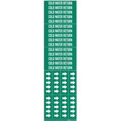 Green adhesive pipe marker with white legend text reading 'Cold Water Return'. Designed for pipes with an outside diameter of 3/4 inch and smaller. Each pack contains 3 markers without arrows. Used to identify cold water return lines in facility piping systems.