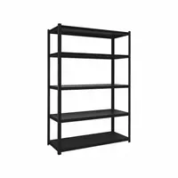 Heavy duty boltless shelving unit with laminated board decking and powder coated black wrinkle finish. Open side panels provide ventilation and easy access. Maximum post load capacity of 3500 lb. Suitable for industrial storage of boxes, tools, and bulk materials