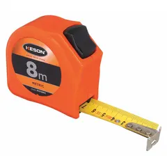 Metric tape measure with 8 m length and 1 mm graduations. Features a nonmagnetic single hook tip, manual lock, and finger brake. High-visibility orange plastic case. Used for linear measurements in construction, carpentry, and industrial settings where magnetic interference must be avoided.