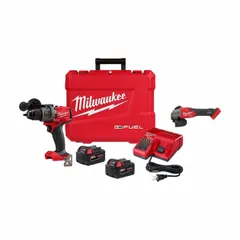 This two-tool kit includes a hammer drill and an angle grinder, both powered by 18 V DC. The hammer drill is suited for impact drilling in masonry, while the grinder features braking for safety. Typical applications include drilling, fastening, cutting, and grinding in construction, fabrication, and maintenance tasks.