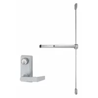 This surface vertical rod exit device features a touchbar and lever trim, constructed of aluminum. It is designed for doors up to 4 ft wide, providing push-bar actuation for egress in commercial and institutional settings