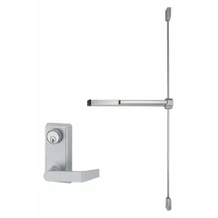 This surface vertical rod exit device features a touchbar and lever trim, constructed of aluminum. It is designed for doors up to 4 ft wide, providing push-bar actuation for egress in commercial and institutional settings.