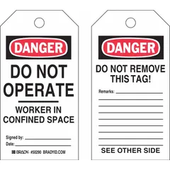 Black cable-tie tags with preprinted fields for worker name and date, used in lockout/tagout procedures to identify confined-space workers and mark machinery as unsafe to operate. Supplied in a 25-pack for machine and operational safety applications.