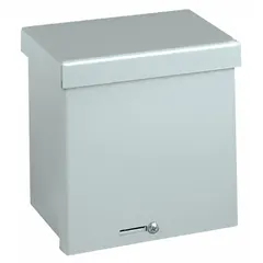 Galvanized steel enclosure with solid screw-on cover, NEMA 3R rated for outdoor use. Measures 4 x 4 x 4 inches. Features a padlock hasp closure; knockouts not included. Suitable for housing electrical connections, terminals, or small controls in industrial and commercial settings.