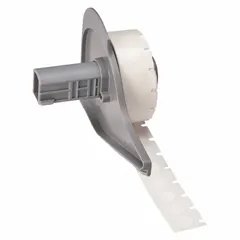 Nylon, black-on-white precut label cartridge measuring 3/8 in x 3/8 in. Designed for use with the BMP71 printer series and requires M7-R6000 ribbon. Suitable for wire, cable, and small component identification in industrial control panels and electrical installations.