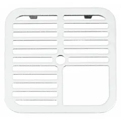 Cast iron grid grate for floor sinks with drop-in connection. Unfinished silver finish. Overall width 9 3/4 in, height 1 1/4 in. Square hole surface style allows water drainage while blocking debris. Suitable for commercial and industrial floor sink applications.