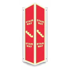 This V-shape projection stair way sign is made of PETG with a thickness of 0.07 in. It features mounting holes for installation and is glow-in-the-dark for visibility in low-light conditions. Suitable for marking stairways in industrial and commercial facilities.