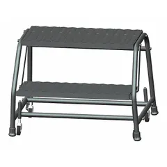 Steel rolling step stool with two steps and a 1.6 ft standing height. Supports up to 450 lb. Four swivel casters enable easy mobility. Suitable for reaching low storage or work areas in warehouses, retail, and industrial settings.