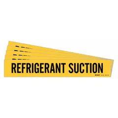 Yellow adhesive pipe marker with black legend text reading 'Refrigerant Suction'. Designed for pipes with outer diameter of 8 inches and larger. Sold in a 5-pack. Used to identify refrigerant suction lines in HVAC and refrigeration systems.
