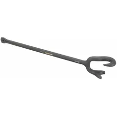 This claw valve wheel wrench is made of alloy steel and has an overall length of 21 1/4 inches. It is used to operate valve handwheels in industrial piping systems, providing controlled torque for opening or closing valves in confined or hard-to-reach spaces.