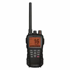 Handheld marine VHF radio for ship-to-ship and ship-to-shore communication. Analog transmission with 6W output, 12 channels, and frequency range 156-162.025 MHz. IPX7 waterproof, GPS-enabled, with noise-cancelling technology, Bluetooth, and emergency button. Includes USB-C dock charger and 12-hour Li-Ion battery. FCC compliant.