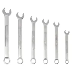 This set includes six metric 12-point combination wrenches with a satin finish, covering head sizes from 8 mm to 14 mm. The 12-point box end provides a secure grip on hex fasteners, while the open end allows for quick positioning. Suitable for tightening and loosening metric fasteners in automotive repair, machinery maintenance, and general assembly. The wrenches are made of alloy steel and come in a tool roll for organized storage.