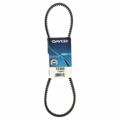 Cogged V-belt with A belt trade size, 36° angle, and 5/16 in thickness. Reinforced with polyester cord for reduced bending stress. Suitable for power transmission in automotive accessory drive systems.
