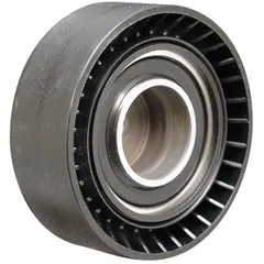 Flat, flangeless serpentine idler pulley made of polymer for light-duty vehicle belt drive systems. Maintains belt tension and alignment in serpentine belt applications.