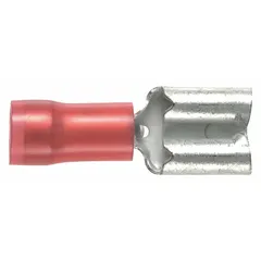 Partially insulated quick disconnect female socket with red nylon partial insulation. Accepts 22 AWG to 18 AWG wire sizes. Used for making push-on electrical connections in control panels, appliances, and automotive wiring.