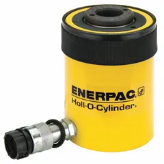ENERPAC RCH302 general purpose hollow ram with 30 ton nominal capacity and 3 in nominal stroke. The hollow plunger design (1.31 in type RCH) enables pulling or pushing of rods or cables through the center. Used for lifting, pressing, tensioning, post-tensioning, bearing removal, and structural alignment in industrial maintenance, construction, and manufacturing.