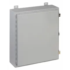This WIEGMANN steel enclosure measures 24 x 20 x 6 inches and is rated NEMA 12/13 for protection against dust, dirt, oil, and water seepage. It features a solid hinged cover with clamp closure and does not include knockouts. Typical applications include housing electrical controls, terminals, and instruments in industrial environments.