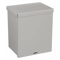 This painted steel enclosure measures 8 in x 6 in x 4 in and features a solid screw-on cover with a padlock hasp for security. It includes knockouts for conduit entry and carries a NEMA 3R rating, making it suitable for protecting electrical components in outdoor or damp indoor locations.