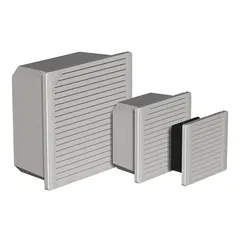 Standard square axial fan kit for cooling electrical enclosures and control panels. Operates on 115V AC with a polycarbonate blade and includes a composite air plenum. Dimensions: 7 13/16 in height, 3 3/4 in depth.
