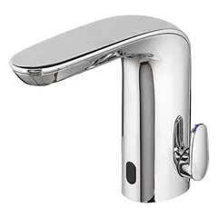 This single-post sensor faucet is constructed of cast brass with a chrome finish. It features a dual inlet for hot and cold water and operates with a plug-in power connection. Designed for touch-free operation in commercial restrooms, healthcare facilities, and other high-traffic environments.