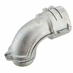 This 90° clamp style connector is made of iron with a gray finish and is insulated. It has a 2 in trade size and a 2 in MNPT box connection with a 2"-11-1/2 thread size. The squeeze clamp mechanism secures AC cable, and the 90° orientation facilitates routing in confined spaces. UL Listed.