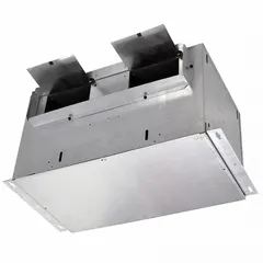 Rectangular duct inline cabinet fan for ventilation in commercial or industrial spaces. Moves 600 cfm at 0.100 in SP. Operates on 115V AC single-phase power, 218 W. Features variable speed control and horizontal discharge. Dimensions: 18 1/2 in x 4 1/2 in.