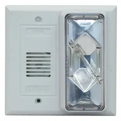 Wall-mount horn alarm with xenon strobe light for audible and visual signaling. Operates on 24 V AC. Overall length 4 1/2 in, width 4 9/16 in. Suitable for fire, evacuation, or process alarms in industrial settings.