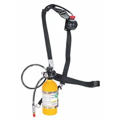 This partial supplied air respirator (SAR) assembly includes an emergency escape cylinder for general-purpose respiratory protection. It features a full facepiece with a rubber head harness and operates on compressed air at 70 to 90 psi. Suitable for industrial environments where breathing air is supplied from a compressed air cylinder.