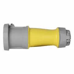 This LEVITON pin and sleeve connector is rated for 277/480V AC three-phase, 100 A, with 4 poles and 5 wires. Its yellow housing indicates the voltage and phase configuration. Designed for washdown environments, it provides a weather-resistant connection suitable for industrial power distribution in areas requiring frequent cleaning.