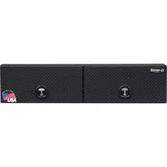This topside box features double flip-up doors with a T-handle compression lid and a keyed lock. Finished in matte black, it provides secure, organized storage for truck beds, allowing quick access to tools and gear while maintaining a low profile.