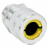 Straight metallic cable grip with 1/2 in MNPT box connection, accommodating cord diameters from 0.63 in to 0.75 in. Aluminum body with silver finish and yellow color-coded grommet. Rated IP66 and Class II, Division 1 & 2 for hazardous locations. Overall length 2 1/16 in