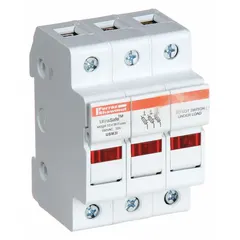 3-pole midget fuse block rated for 600 V AC. Features DIN rail mounting and pressure plate termination. Designed for use in industrial control panels and distribution boards to securely hold midget fuses.