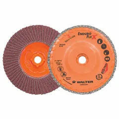 This 40-grit zirconia alumina flap disc, part of the ENDURO-FLEX series, measures 5 inches in diameter with a 5/8-11 threaded connector. The Eco-Trim backing plate provides stability during use. Designed for aggressive material removal and finishing on carbon and stainless steel, it is suited for grinding, blending, and surface preparation tasks in metalworking.