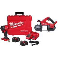 This kit includes an M18 FUEL impact driver and portable band saw, both operating at 18 V DC. The impact driver is suited for driving fasteners, while the band saw cuts metal pipe, conduit, and rebar. Together they provide a coordinated cordless solution for cutting and fastening tasks on job sites.
