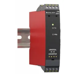 DIN rail mount frequency to analog converter. Overall depth 4.09 in, height 4.29 in. Converts frequency input signals to a proportional analog output for use in industrial control systems such as process automation, motor speed monitoring, and flow measurement.