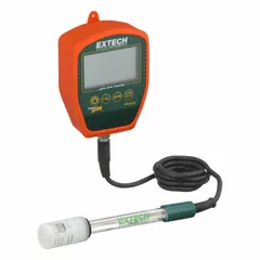 Handheld pH meter measuring pH, millivolt, and temperature with automatic temperature compensation. pH accuracy ±0.01 pH. Includes pH electrode, buffer solutions pH 4 and 7, protective holster, and 9V battery. Suitable for general aqueous solution testing in laboratory and field applications.